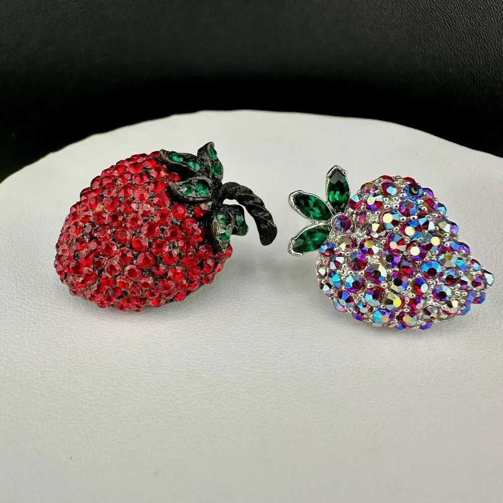 Vintage Rhinestone Strawberry Brooch Pin Lot 1 Signed Weiss 1 AB Figural Fruit